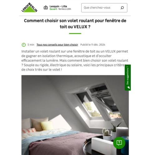 Rédaction d'une fiche conseil SEO sur les volets roulants pour fenêtre de toit pour Leroy Merlin