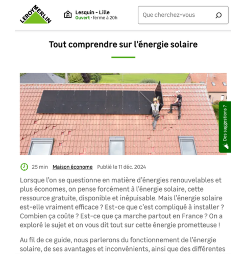 Rédaction d'un guide SEO sur l'énergie solaire photovoltaïque pour Leroy Merlin