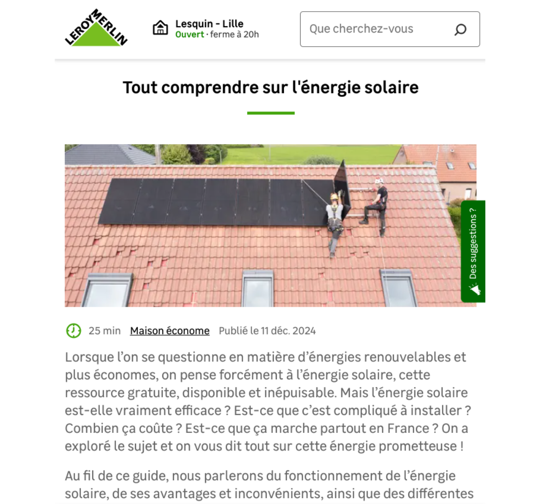 Rédaction d'un article SEO sur l'énergie solaire et le photovoltaïque pour Leroy Merlin